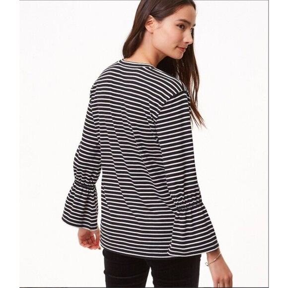 LOFT Floral Embroidered Striped Top Black White Bell Sleeve Womens Medium - Picture 12 of 12